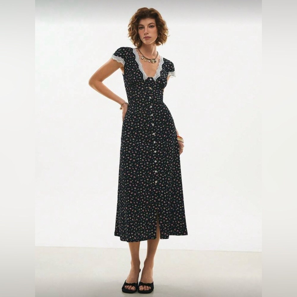 Floral Lace-Trim Cap Sleeve Button Down Vintage Style Dress - Picture 10 of 16